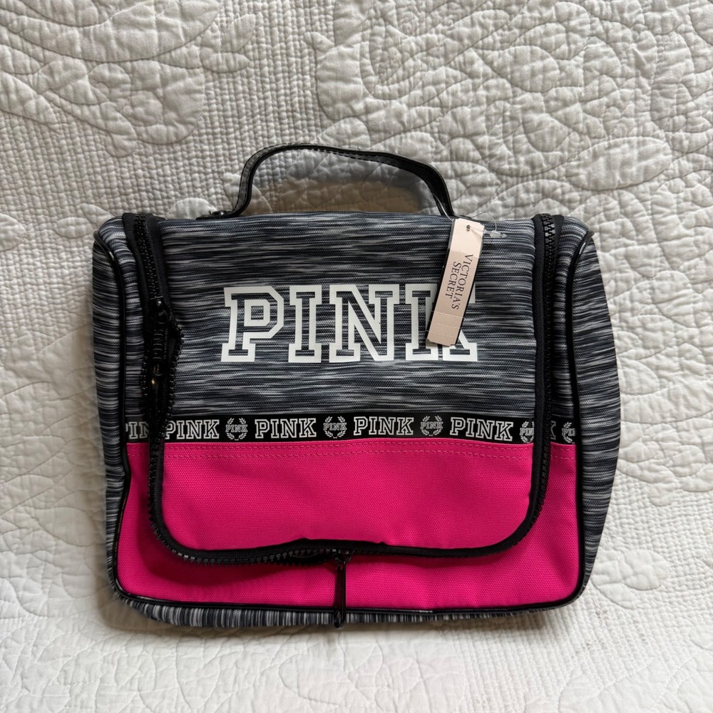 Victorias Secret PINK Hanging Toiletry Bag Travel Organizer Grey Pink New
